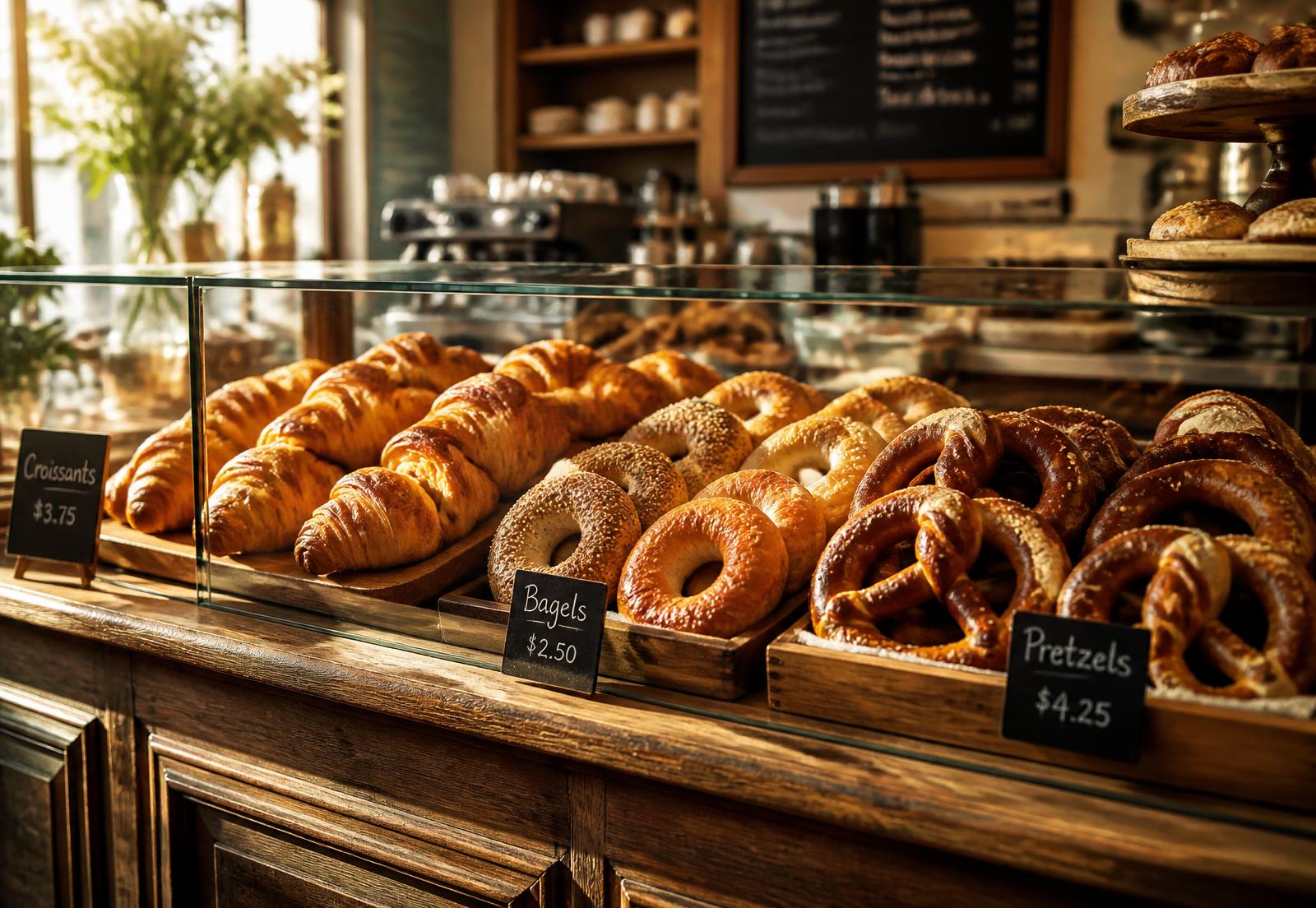 Freshly baked bagels, croissants and pretzels at Daisy's Patisserie